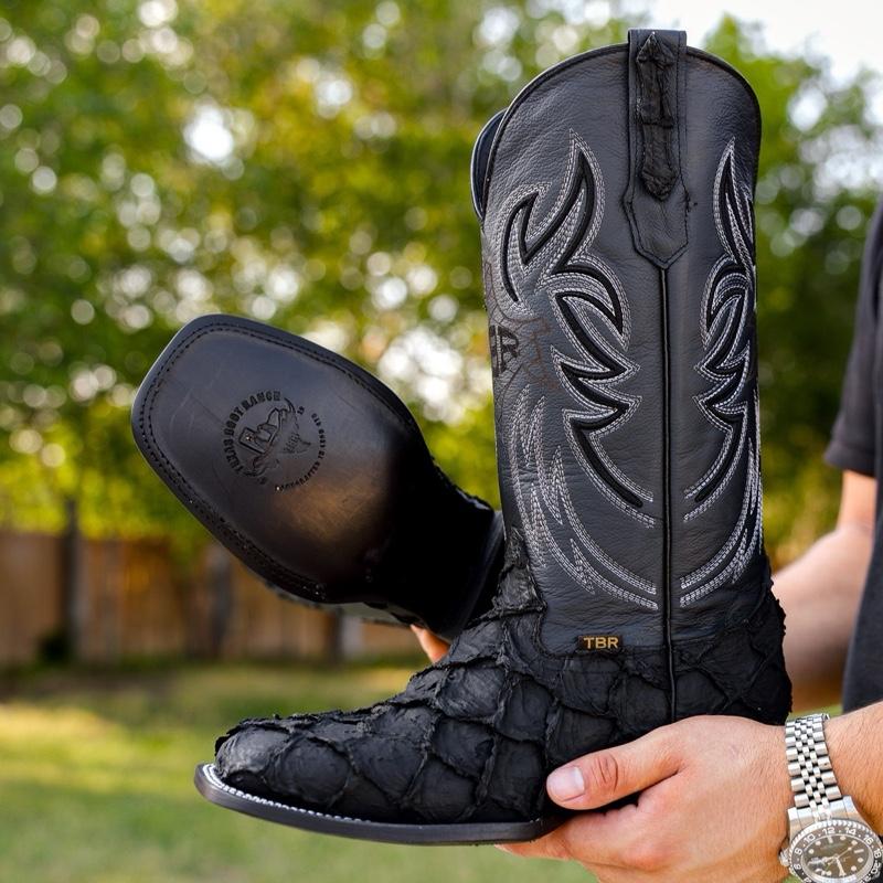 Matte Black Jumbo Pirarucu Leather Boots - Square Toe