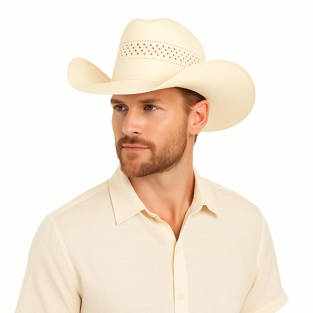 Beige Straw Cowboy Hat with Ventilated Crown