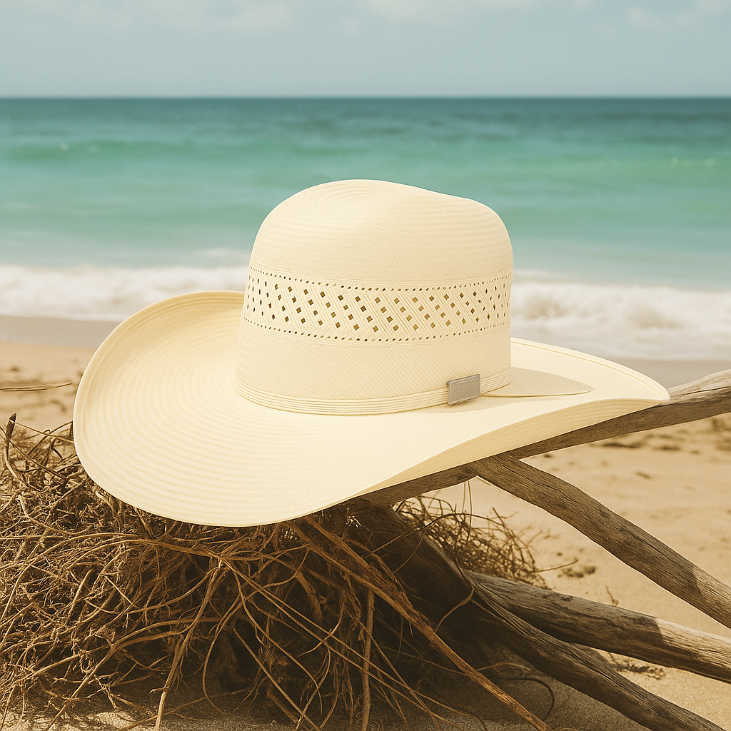 Beige Straw Cowboy Hat with Ventilated Crown