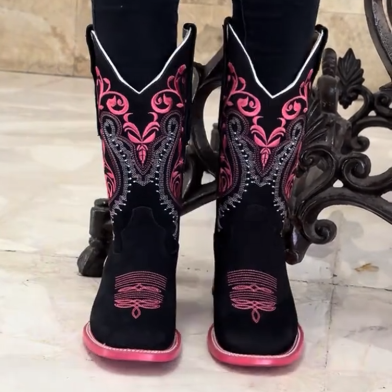 Hot Pink Stem Black Rodeo Boots