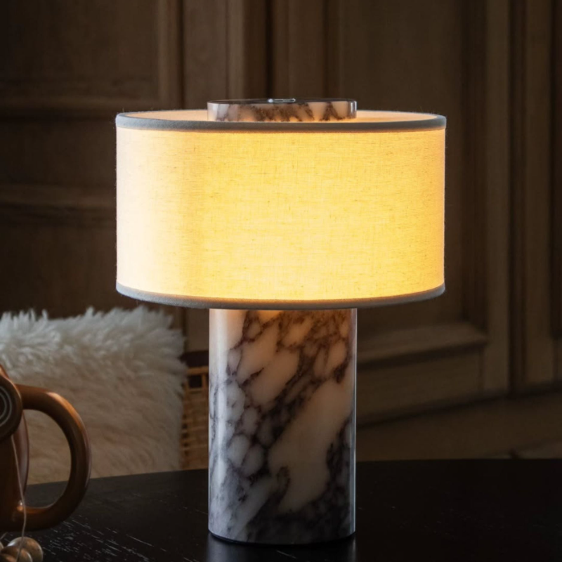 Arden Portable Lamp – Linen & Travertine