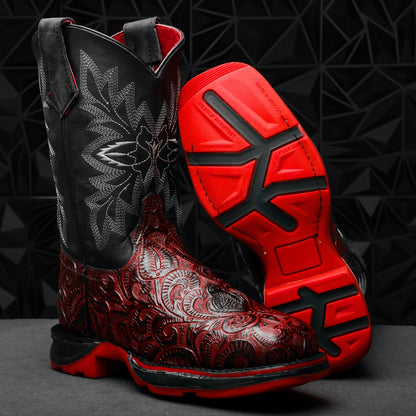 Black Cherry Hand-Tooled Leather Boots - 3D Sole Composite Toe