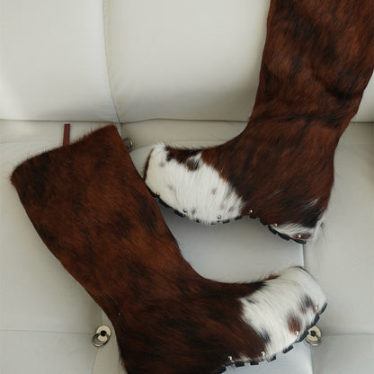 Platform Sole Imitation Calf Hair Knee-High Winter Boots