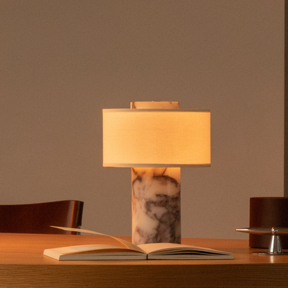 Arden Portable Lamp – Linen & Travertine
