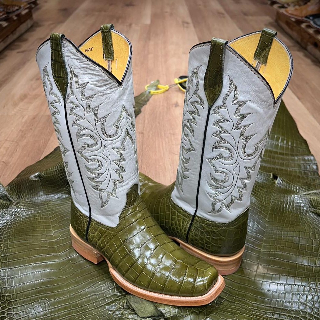 Olive Green Crocodile Leather Handmade Boots