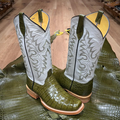 Olive Green Crocodile Leather Handmade Boots