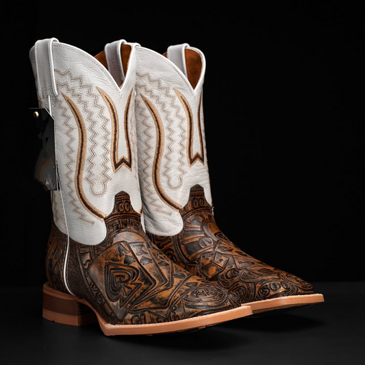 Gambler Square Toe Cowboy Boots – White & Brown