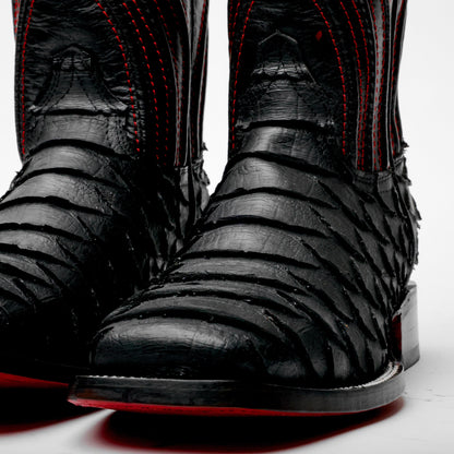 Matte Black Jumbo Python Leather Boots - Square Toe