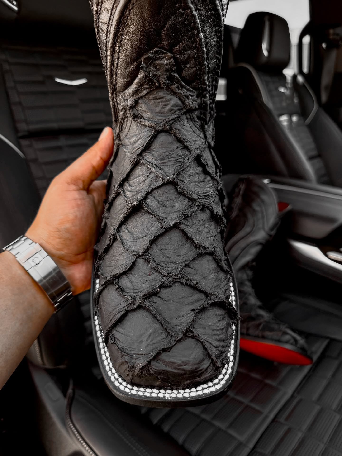 Matte Black Jumbo Pirarucu Leather Boots - Square Toe