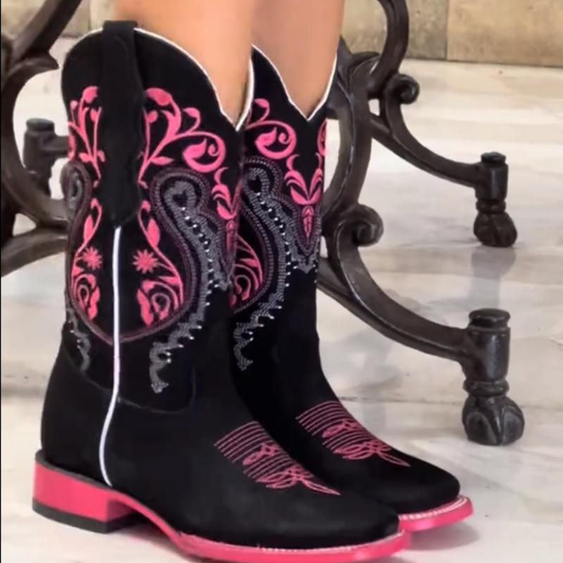 Hot Pink Stem Black Rodeo Boots