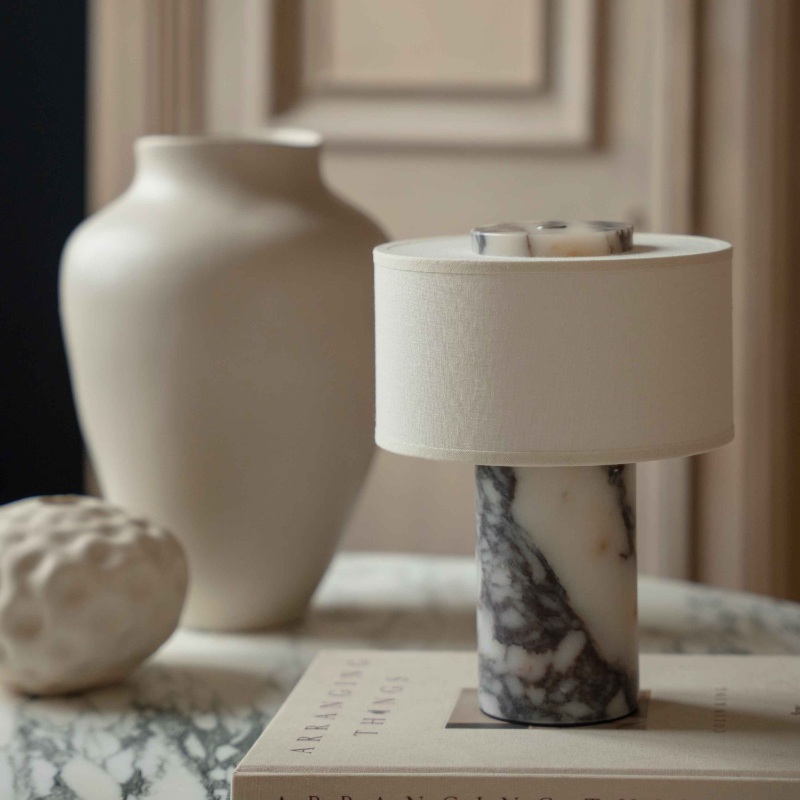 Arden Portable Lamp – Linen & Travertine