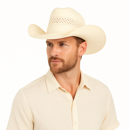 Beige Straw Cowboy Hat with Ventilated Crown