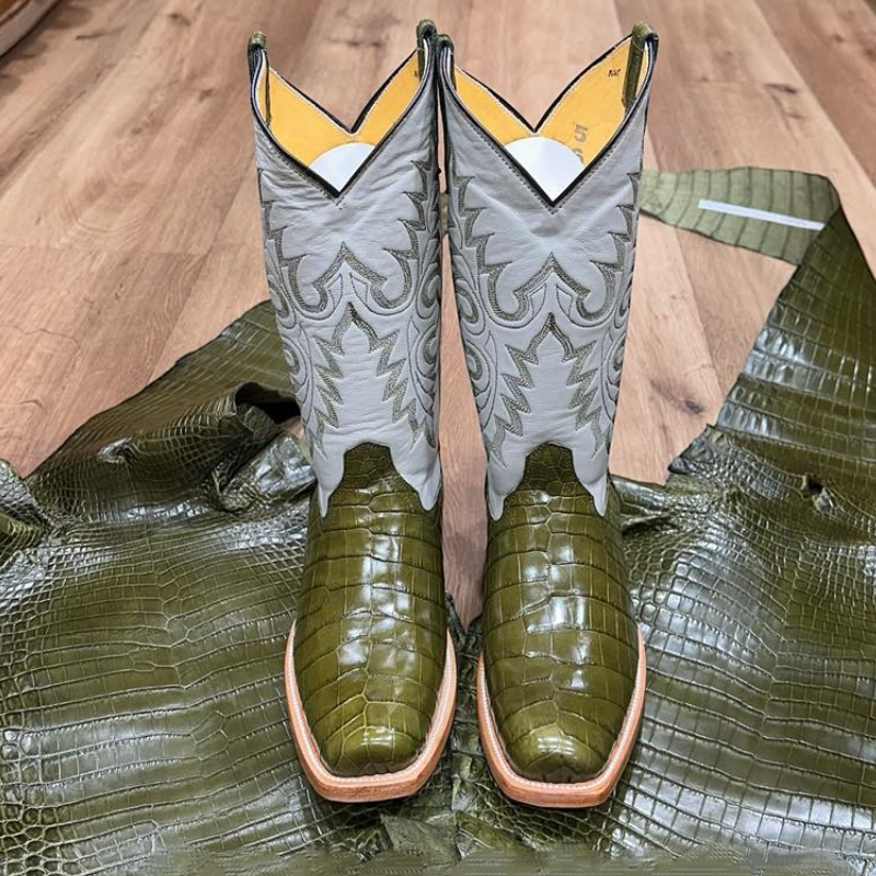 Olive Green Crocodile Leather Handmade Boots