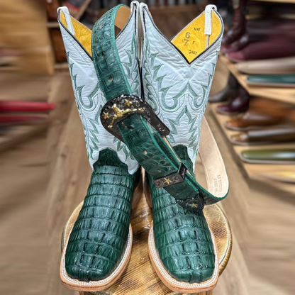 Olive Green Crocodile Leather Handmade Boots