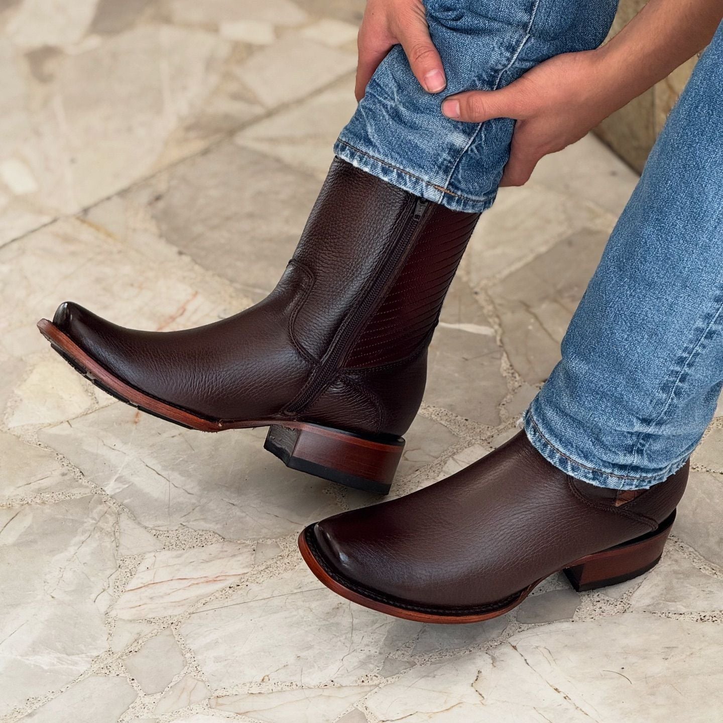 Zip Denim Round Toe Boots-Brown