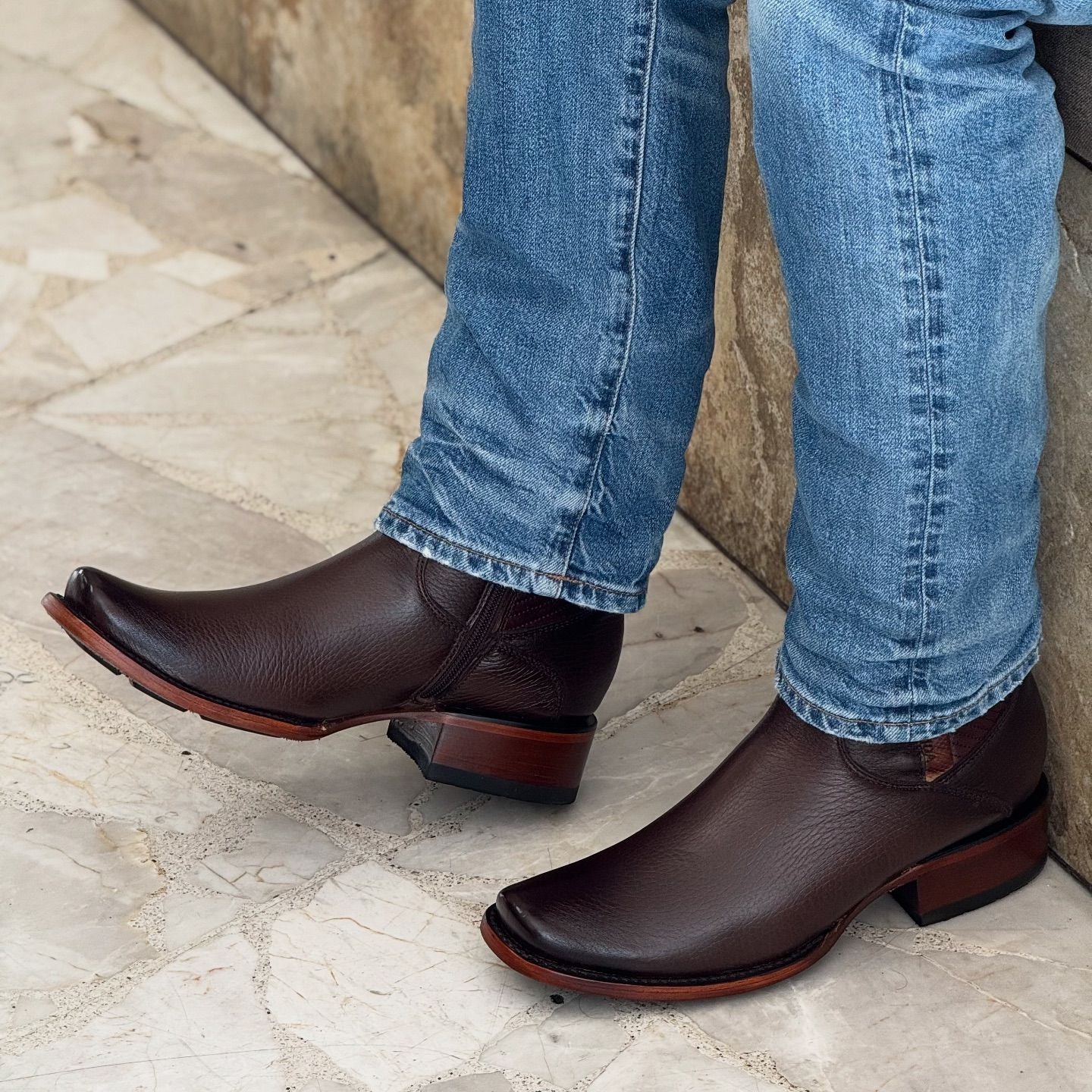 Zip Denim Round Toe Boots-Brown