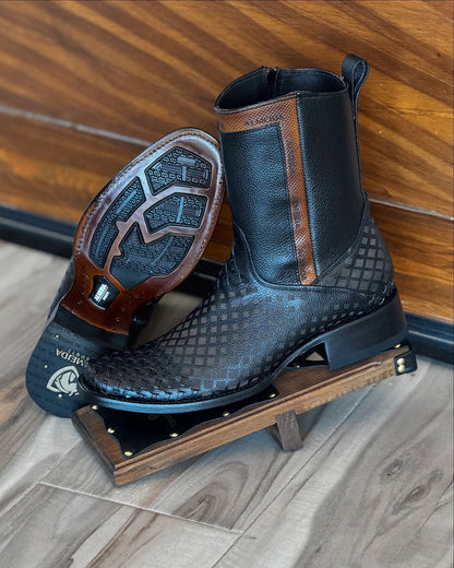 Zip Denim Round Toe Boots
