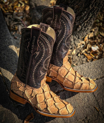 Men's Vintage Yellow Pirarucu Boots-Square Head