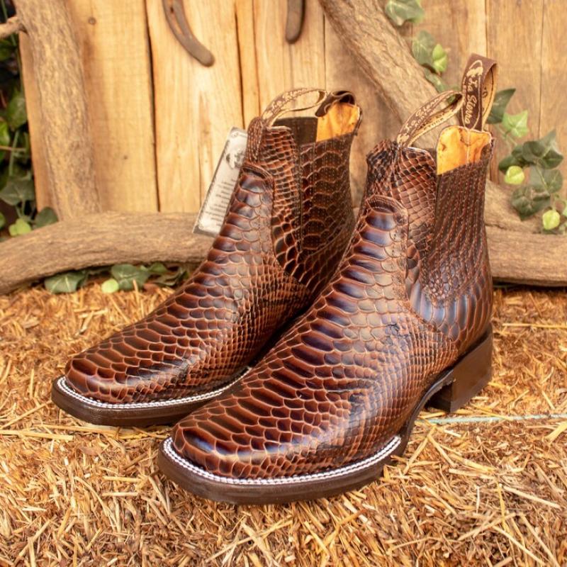 Men's Leather Denim Snakeskin Faux Square-Toe Half Boots