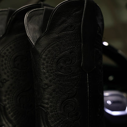 Black Basketweave Leather Boots — Square Toe